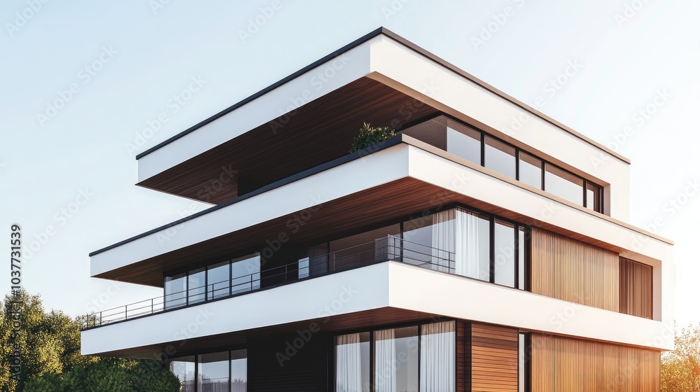 Contemporary residential structure featuring a brown exterior against a white backdrop 3D rendering Contemporary residential structure featuring a brown exterior against a white backdrop 3D rendering