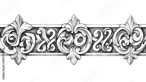 Line art illustration of T Forms border design prominently features decorative elements reminiscent of Chinese fret styles presented as a vintage drawing or engraving