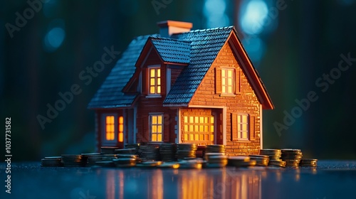 Miniature wooden house placed on a pile of coins, symbolizing real estate investment photo