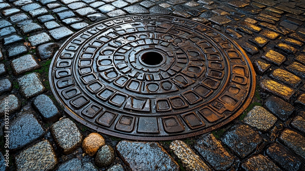 Close-up of a manhole cover on a cobblestone street with rain reflections Close-up of a manhole cover on a cobblestone street with rain reflections