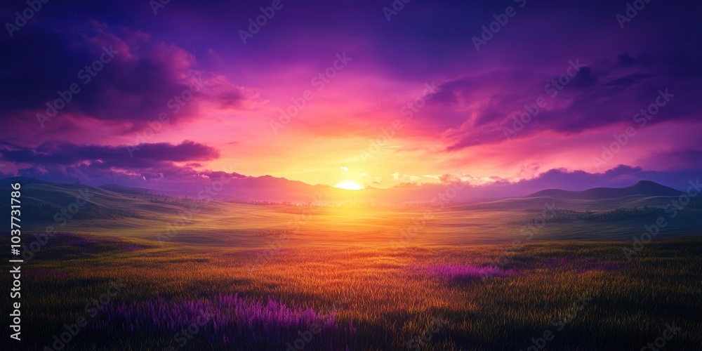 Stunning sunset with vibrant colors over a tranquil landscape, Beautiful sunset with bright colors above a serene landscape