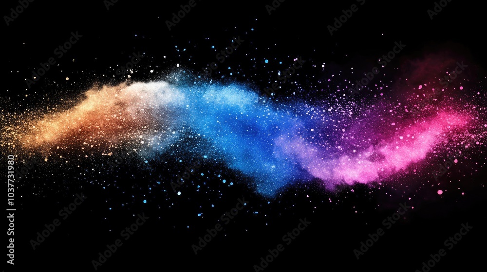 Obraz premium Abstract powder splatted background featuring a freeze motion effect of color powder exploding with a 3D cartoon rendering of colorful glitter texture on a black backdrop