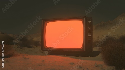 Retro Television Set Glowing in Desert Landscape at Night photo