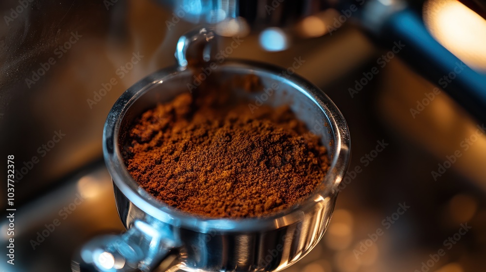 Close Up of Ground Coffee in Espresso Machine Close Up of Ground Coffee in Espresso Machine