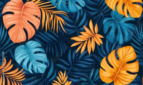 Seamless pattern with hand-drawn tropical leaves and colorful summer vibes