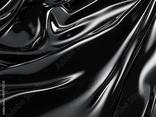 Shiny black liquid metal effect with smooth curves and highlights
