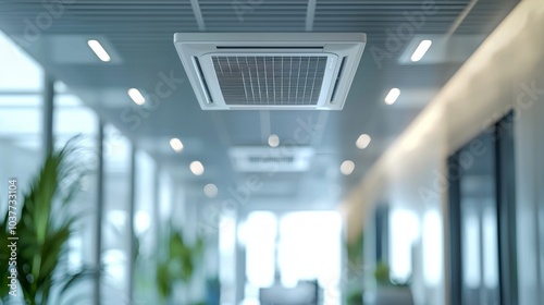 Modern air conditioning unit mounted on the ceiling in a sleek office interior