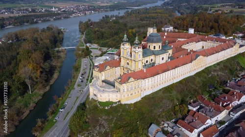 Melk, Austria - October 19, 2024: aerial view on the Melk abbey at the warm autumn