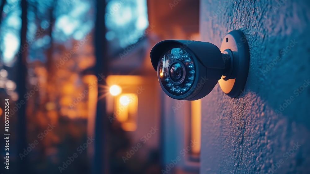 A close-up shot of an outdoor home security camera mounted on the side wall, captured during the evening with a focus on its lens and cover A close-up shot of an outdoor home security camera mounted on the side wall, captured during the evening with a focus on its lens and cover