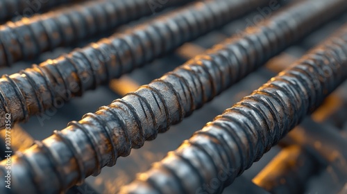 Close up view of deformed steel bars and reinforcement rods used in construction showcasing the texture and details of metal used for reinforced concrete