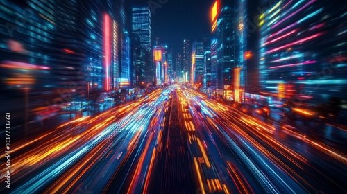 A dynamic cityscape at night  with vibrant neon lights and skyscrapers in motion blur