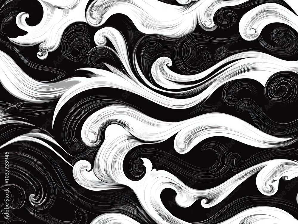 Stylized black and white waves with a flowing design Stylized black and white waves with a flowing design