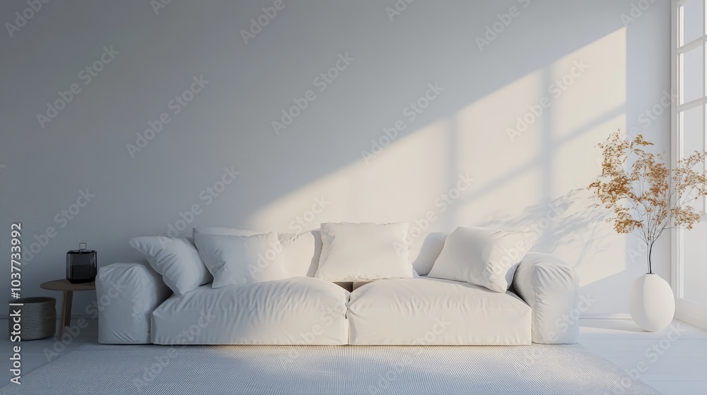 Naklejka premium Scandinavian interior design featuring a sofa in a white living room 3D rendering