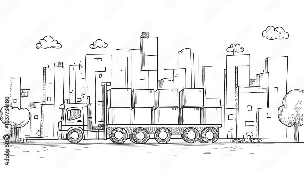 Obraz premium Continuous one line drawing of a cargo concept in a doodle style with 2D cartoon illustration