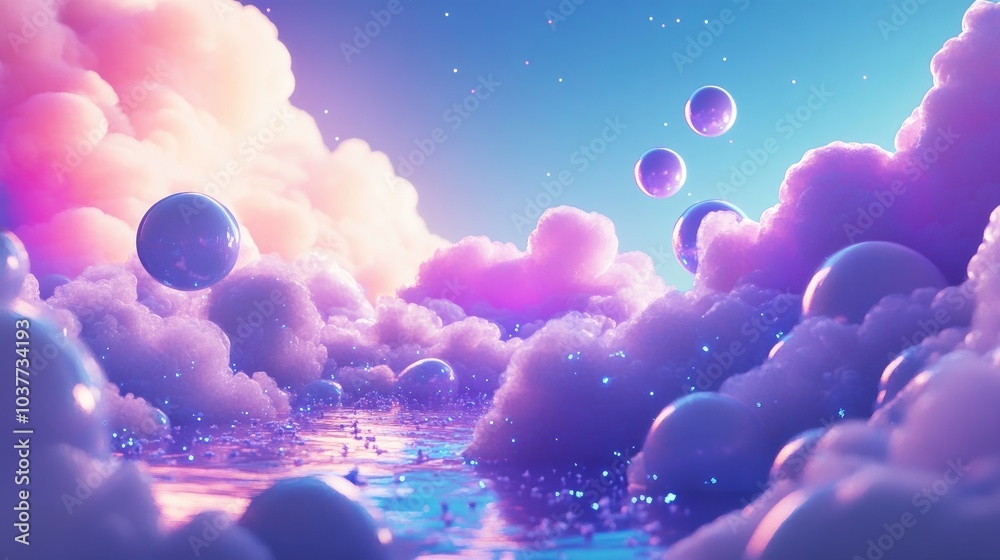 Obraz premium 3D rendering of a whimsical universe featuring violet pink blue and cyan hues with a nebula and stars in a galaxy landscape