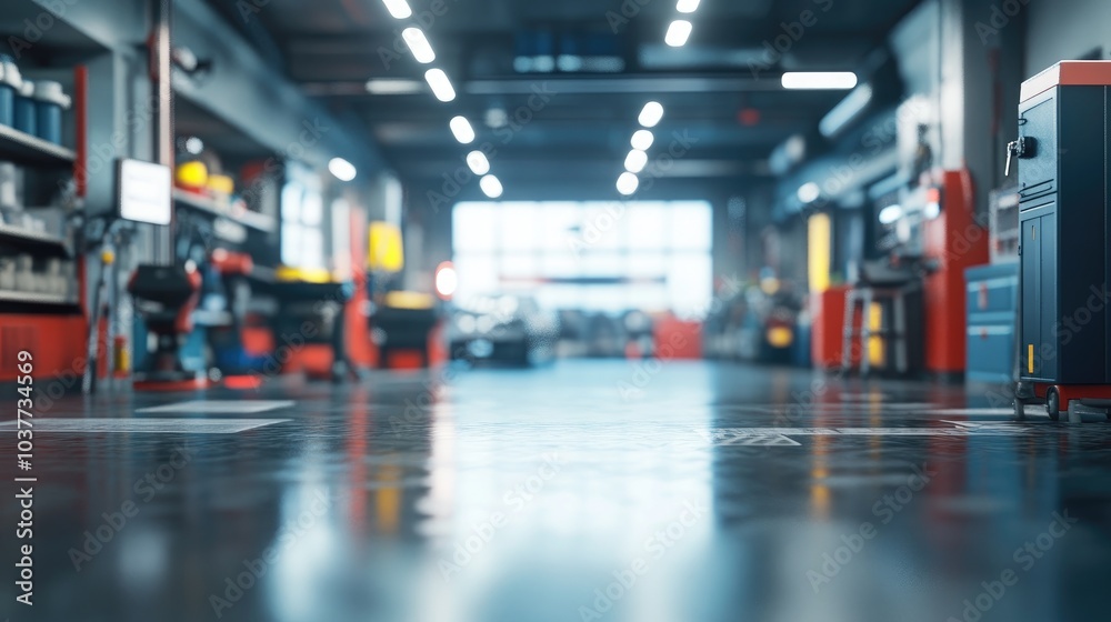 custom made wallpaper toronto digital3D rendering of an abstract blurred automobile service center interior showcasing a soft defocused mechanic repair workshop and a blurry car care station background