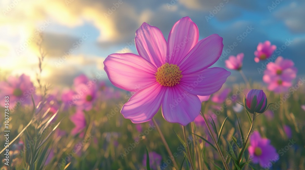 Fototapeta premium Beauty pink cosmos flower blooming in a field with a natural background in a 3D cartoon rendering