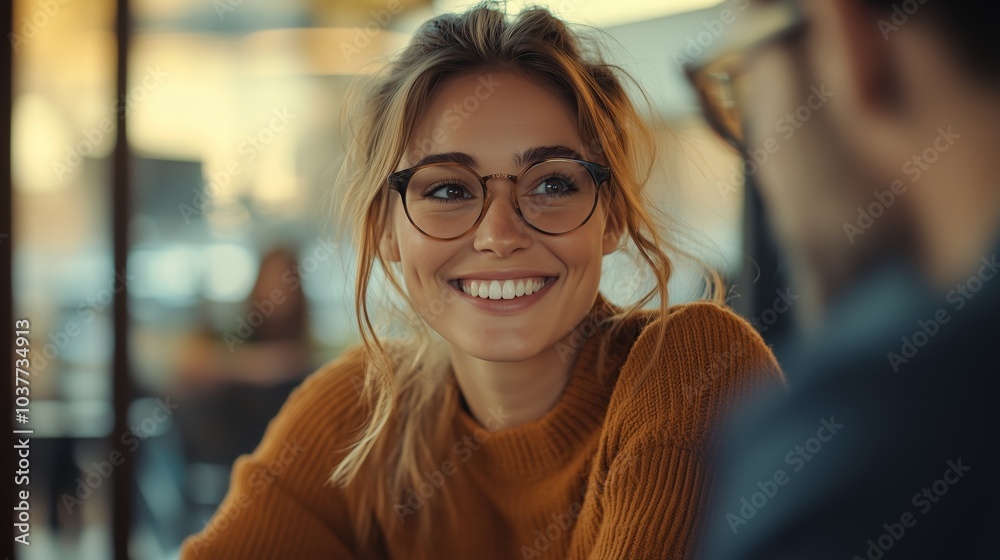 A smiling woman in glasses is sitting at the table with her colleagues during an interview, creating relaxed and friendly moments of interaction between them A smiling woman in glasses is sitting at the table with her colleagues during an interview, creating relaxed and friendly moments of interaction between them