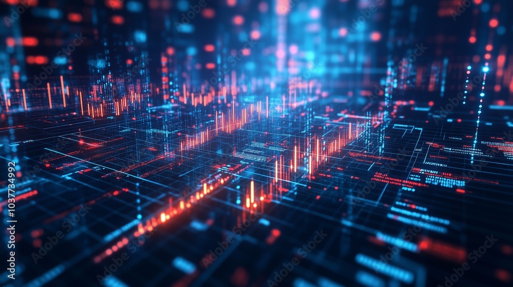 A stock market graph on a digital screen, with a dark blue background and white numbers. 