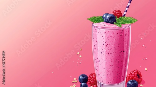 Oats infused berry smoothie or milkshake garnished with mint leaves set against a pink backdrop perfect for a healthy and delicious breakfast photo