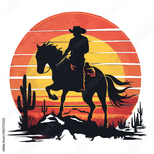 A man riding a horse with a sunset in the background cartoon vector for t-shirt design. Stock illustration. 