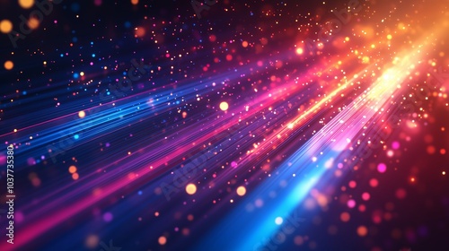Abstract digital background with blurred light streaks and data center elements, symbolizing fast connection speed in technology or big data