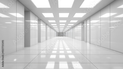 3D rendering of an empty white corridor or hallway interior space