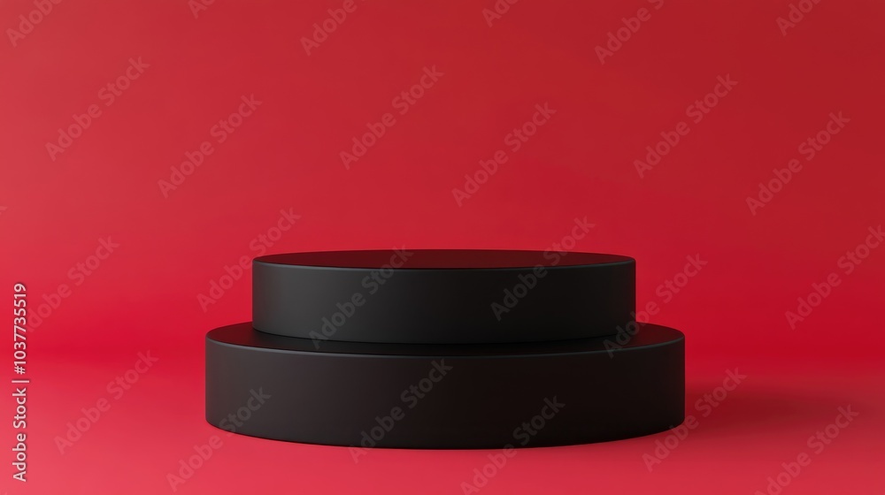 Pastel black cylindrical podium featuring steps against a red background 3D rendering of an abstract realistic geometric pedestal or platform designed for product display presentation Minimalist s
