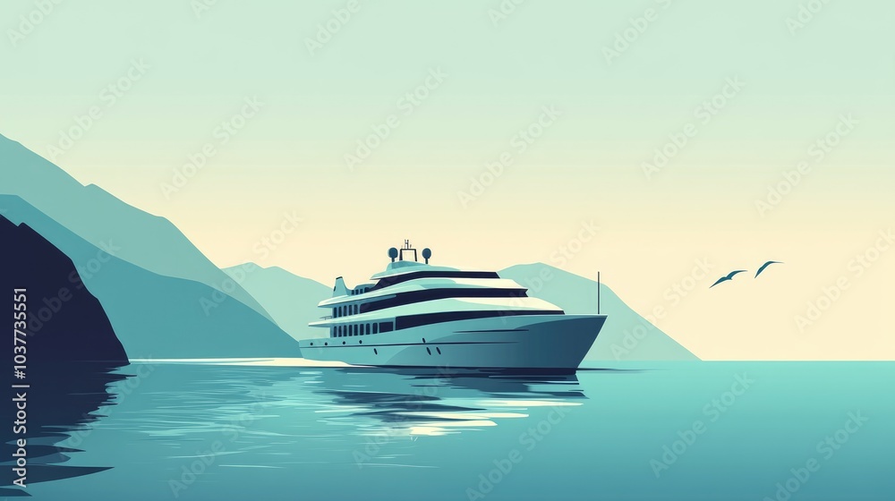 Fototapeta premium Passenger vessel navigating the waters Minimalistic flat design featuring a perspective angle