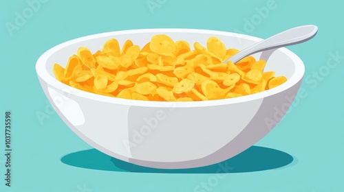 Cartoon illustration of a bowl of cereal with milk A flat style design featuring yellow orange cereal flakes and a spoon capturing the essence of breakfast