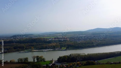 Melk, Austria - October 19, 2024: aerial view on the Melk abbey at the warm autumn