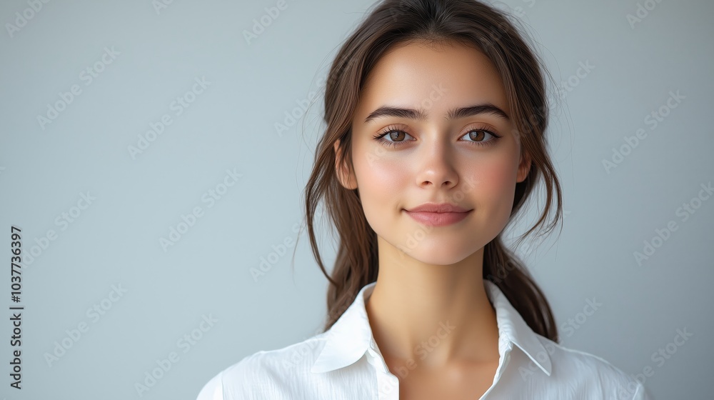Portrait of a happy, smiling, and beautiful young business woman in a white shirt, looking at the camera against a light grey background Portrait of a happy, smiling, and beautiful young business woman in a white shirt, looking at the camera against a light grey background
