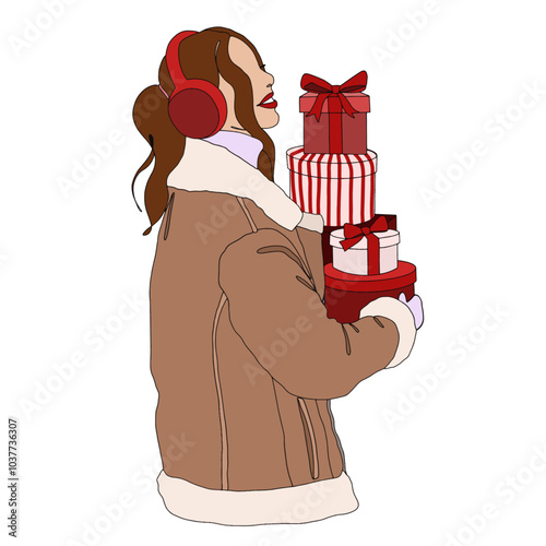 Female in brown winter coat, red earmuffs carrying a stack of red gift boxes wrapped with bows and patterns, including stripes and polka dots vector illustrion. Design for winter holidays