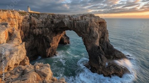 Photo of the rock arch at Lighthouse Cape, with ocean waves and a lighthouse on top of the cliff