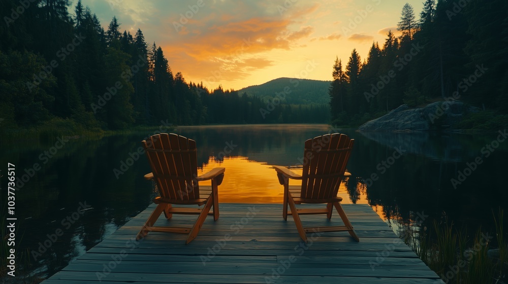 Fototapeta premium Two wooden chairs on the dock of an idyllic lake at sunset, overlooking a tranquil forest landscape