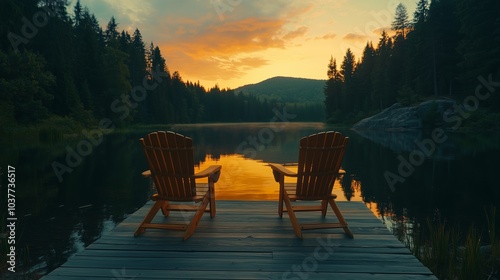 Two wooden chairs on the dock of an idyllic lake at sunset, overlooking a tranquil forest landscape