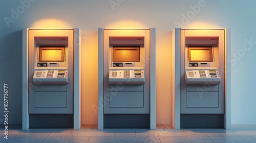 Three automated teller machines with soft lighting in a row