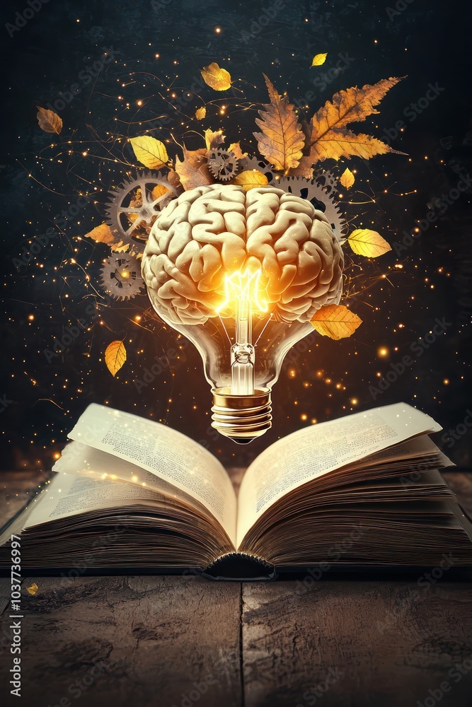 Human Brain as a Light Bulb with Gears and Leaves Above an Open Book, Representing Creativity Human Brain as a Light Bulb with Gears and Leaves Above an Open Book, Representing Creativity