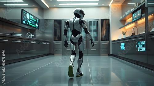 Futuristic Kitchen Scene with Humanoid Robot in Sleek Silver Walking on Reflective Floor photo