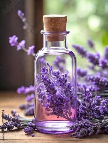 A clear glass bottle filled with light purple-tinted lavender oil sits on a rustic wooden table. photo