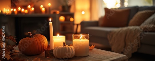 Hygge Autumn Decor: Create a warm autumn ambiance with a hygge home decor setup, featuring lit candles and pumpkins in a living room. photo