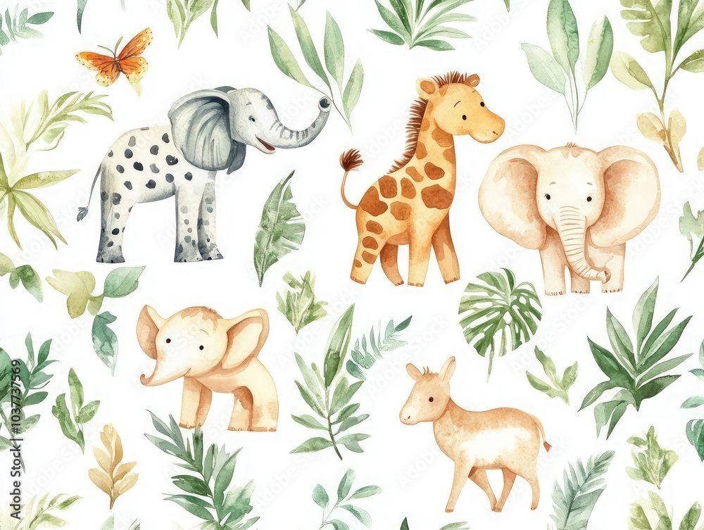 Obraz premium Watercolor African animals and tropical elements, safari-inspired nursery wallpaper design