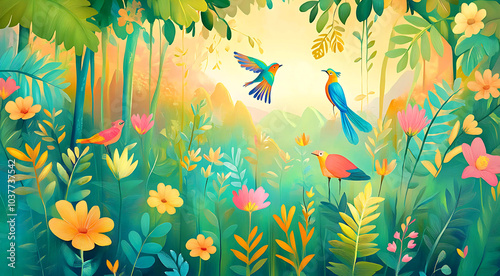 Colourful Abstract Rainforest and Birds scene