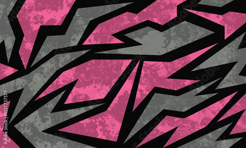 Abstract geometric design with sharp, angular black shapes on a textured pink and gray background. The bold jagged patterns create a dynamic racing-themed design, perfect for backdrops, banners.