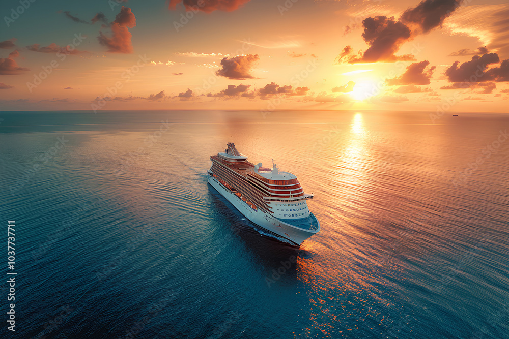 luxury cruise ship sailing on the sea at sunset, with colorful clouds in the sky and blue water. creating an atmosphere of high-end travel for passengers to enjoy a luxurious vacation experience
