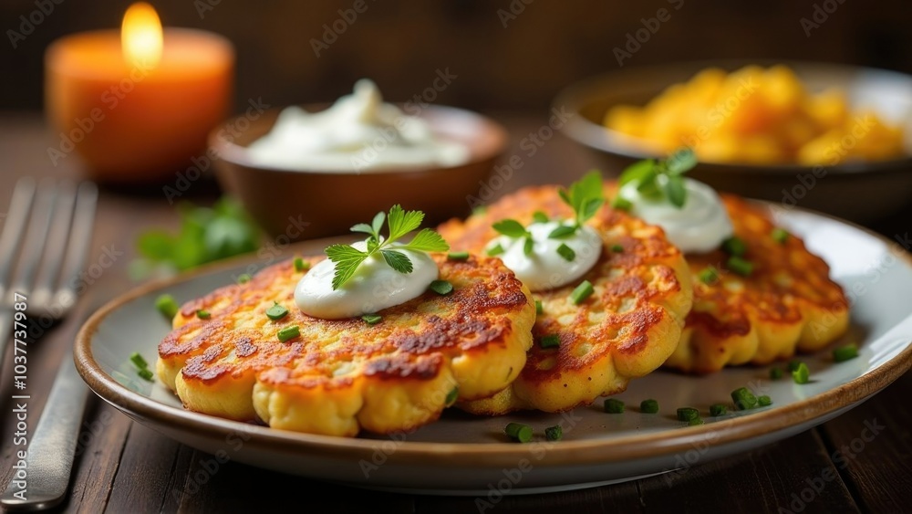Delicious potato latkes topped with sour cream and herbs for hanukkah celebration Delicious potato latkes topped with sour cream and herbs for hanukkah celebration