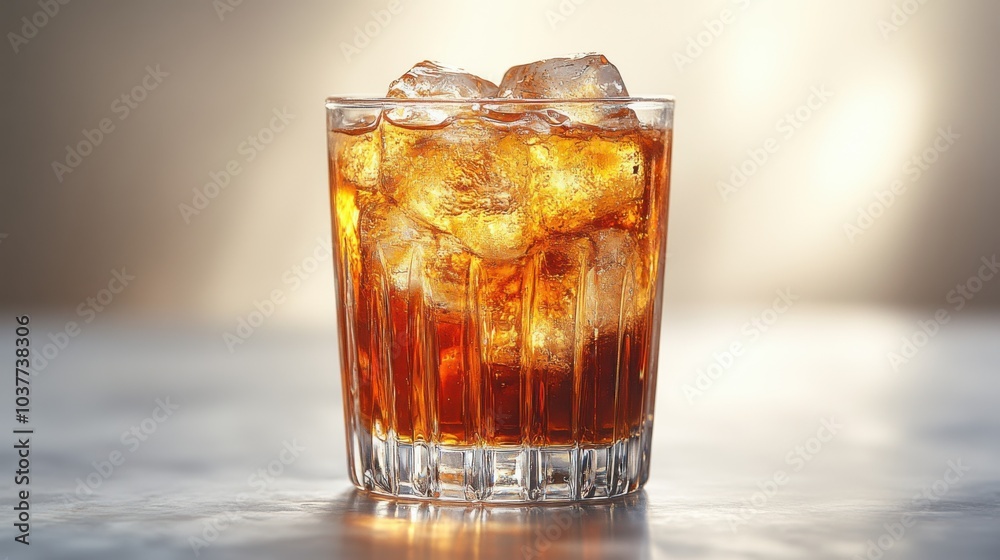 A glass of iced beverage with ice cubes, reflecting light beautifully.
