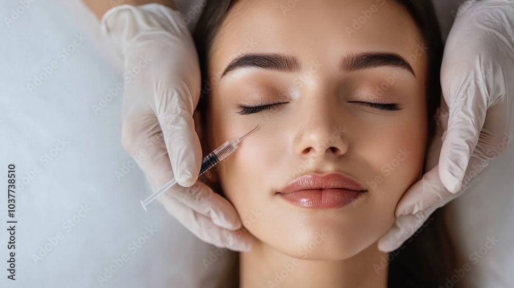 A cosmetic procedure involving a syringe near a woman's face. A cosmetic procedure involving a syringe near a woman's face.