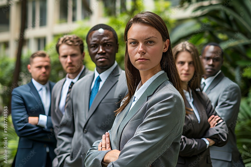 Portrait of confident businesswoman standing with arms crossed in front of her team Portrait of confident businesswoman standing with arms crossed in front of her team