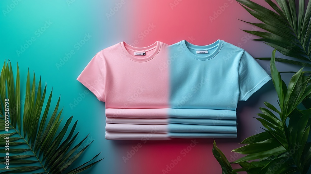 A set of casual T-shirts folded neatly against a vibrant summer-themed backdrop, with copy space A set of casual T-shirts folded neatly against a vibrant summer-themed backdrop, with copy space